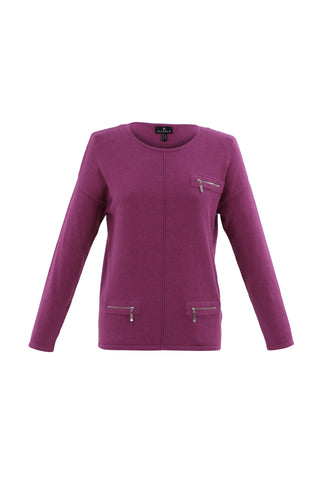 Marble - Round Neck Jumper with  Zip Detail - Cerise - 7572