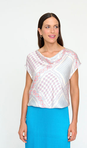 Bariloche - Cowl Neck blouse - Coral/ Cream Print