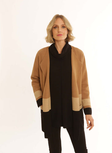 Pomodoro - Relaxed Long Line Stripy Cardigan - Camel / Black