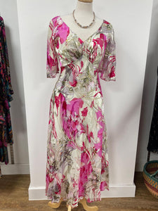 Allison - Silk V Neck Maxi Dress - Fuchsia & Cream