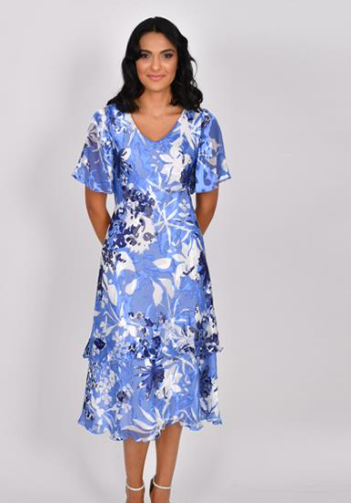 Allison - Midi Silk Ruffle Dress - Blue & Ivory